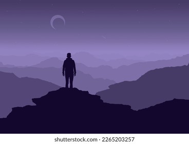 silhouette of a man on the mountain cliff at night, vector illustration.