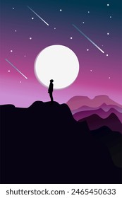 silhouette of a man on the mountain cliff at night, vector illustration.