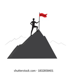 Silhouette of a man on the mountain holding a flag. Successful concept, challenge.Winner isolated on white background. Stock illustration.