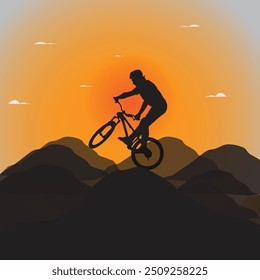 Silhouette of a man on mountain-bike, sunset