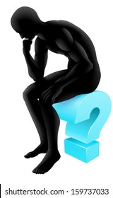 Silhouette man on a question mark icon in thinking in a thinker pose. Concept for any questioning or psychology, poetry or philosophy.