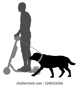 Silhouette of man on a scooter and dog on a white background