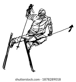Silhouette of a man on ski. Active winter sport. Hand drawn doodle rough sketch. Black and white linear silhouette.