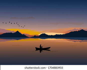 Silhouette of a man on a small boat that is fishing There is an mountain and  sunset background