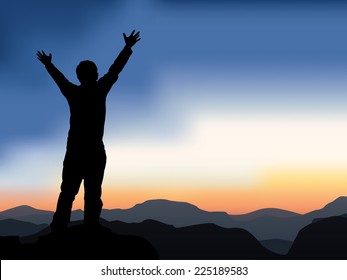 Silhouette of man on a summit with upraised arms on the top mountain with the sunset, Praise for GOD.Vector background.Eps10