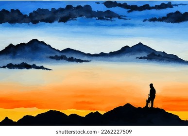 Silhouette of a man on top of the mountain in beautiful sunset landscape. Watercolor, hand drawing. Good for background, wallpaper, and print. Motivational vector design.