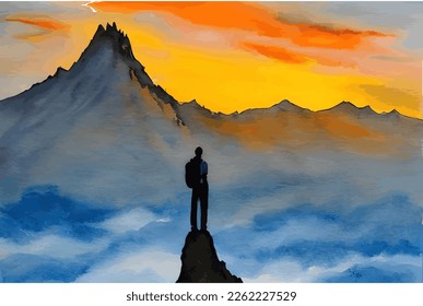 Silhouette of a man on top of the mountain in beautiful sunset landscape. Watercolor, hand drawing. Good for background, wallpaper, and print. Motivational vector design.