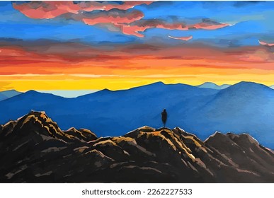 Silhouette of a man on top of the mountain in beautiful sunset landscape. Watercolor, hand drawing. Good for background, wallpaper, and print. Motivational vector design.