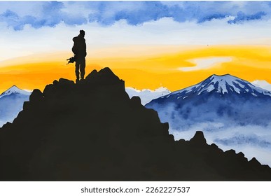 Silhouette of a man on top of the mountain in beautiful sunset landscape. Watercolor, hand drawing. Good for background, wallpaper, and print. Motivational vector design.