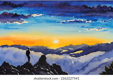 Silhouette of a man on top of the mountain in beautiful sunset landscape. Watercolor, hand drawing. Good for background, wallpaper, and print. Motivational vector design.