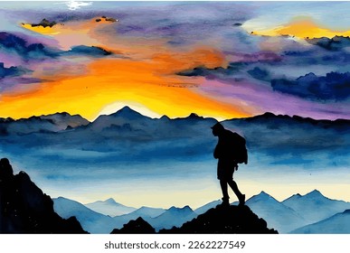 Silhouette of a man on top of the mountain in beautiful sunset landscape. Watercolor, hand drawing. Good for background, wallpaper, and print. Motivational vector design.