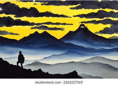 Silhouette of a man on top of the mountain in beautiful sunset landscape. Watercolor, hand drawing. Good for background, wallpaper, and print. Motivational vector design.