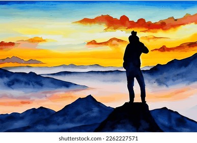 Silhouette of a man on top of the mountain in beautiful sunset landscape. Watercolor, hand drawing. Good for background, wallpaper, and print. Motivational vector design.