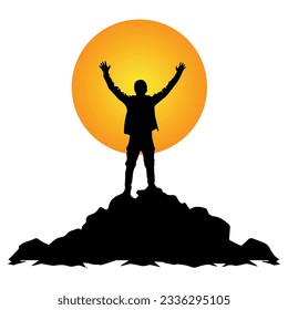 silhouette of a man on top of mountain with arms in the sky, watching sunrise on a white background