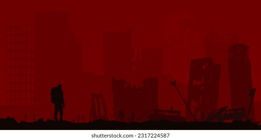 Silhouette man on zombies and ruined city background in full moon night for Halloween decorations illustration vector.