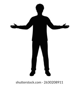 Silhouette of a man with open arms gesture on a plain white background