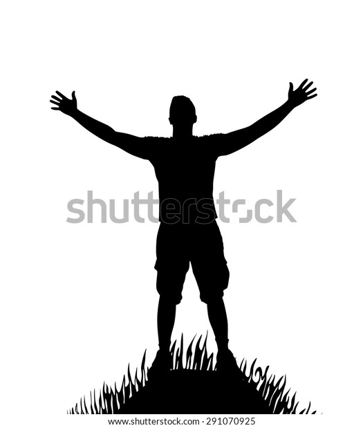 silhouette of man with open\
arms on hill