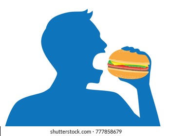 Silhouette of man open his mouth for eating a hamburger. Illustration about Americans fast food.
