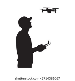 Silhouette of a man operating a drone looking upwards at the device