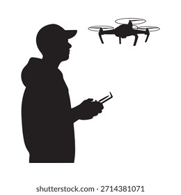 Una silueta de un hombre operando un dron con un mando a distancia