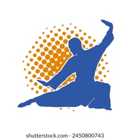 Silhouette of a man in oriental martial art pose. Silhouette of a male in martial art move.