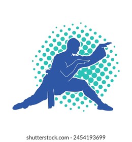 Silhouette of a man in oriental martial art pose. Silhouette of a male in martial art move.