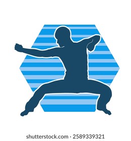 Silhouette of a man in oriental martial art pose. Silhouette of a male in martial art move.