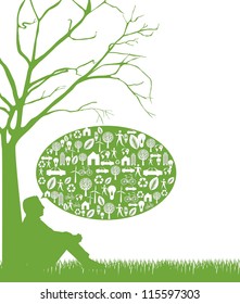 silhouette man over grass, thinking green. vector illustration