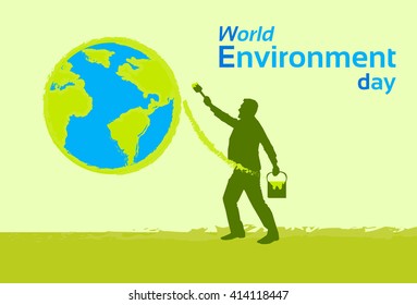 Silhouette Man Painting Earth Globe Green World Environment Day Flat Vector Illustration