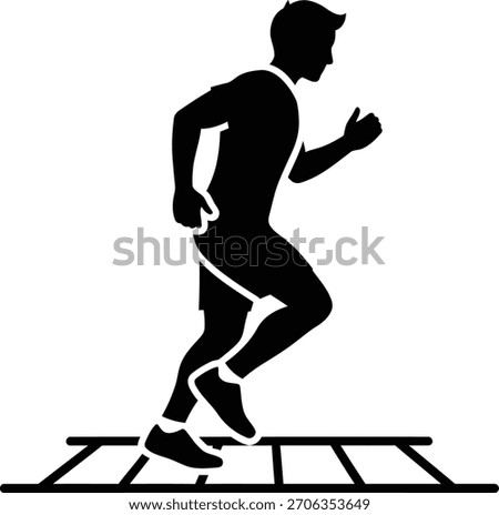 Silhouette of a man performing agility ladder drills. Fitness, exercise, training, and athletic performance concept. Isolated on white background.