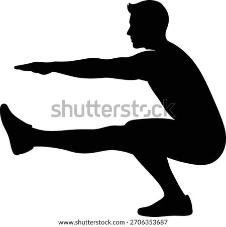 Silhouette of a man performing a single-leg squat, also known as a pistol squat, with arms extended for balance.
