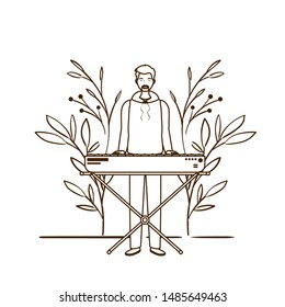 silhouette of man with piano keyboard and branches and leaves in the background