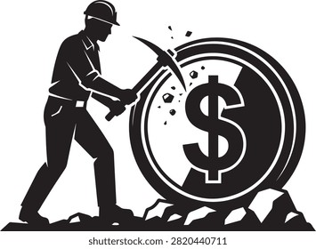 Silhouette of man with pickaxe breaking rock, cryptocurrency mining concept, financial growth, investment, business.