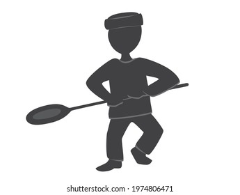 Silhouette of the man with pizza on the shovel ready to bake it. Isolated on white background.