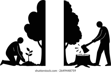 Silhueta do homem plantando árvore e homem cortando árvore - ilustração vetorial mínima mostrando contraste em ações florestais - preto, clipart isolado com design plano, gráfico, simbólico

