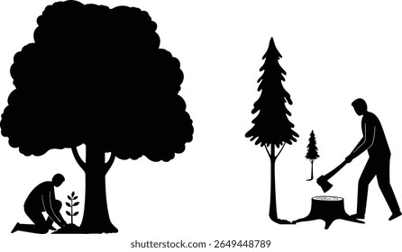 Silhueta do homem plantando uma árvore e homem cortando uma árvore - clipart vetorial apresentando contraste no comportamento humano - ilustração florestal mínima preta, conceito de design plano com ação simbólica

