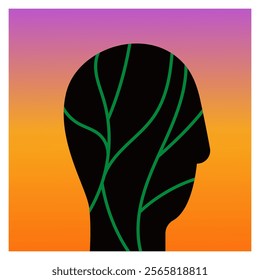 Silhouette of man with plants inside. Abstract form of sustainable eco human development. Sustainable lifestyle and climate change concept. Flat vector poster illustration.