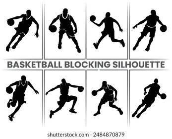 Una silueta de un hombre jugando al baloncesto, bloqueando a un oponente durante un partido. Jugadores de baloncesto corriendo y practicando, preparándose para un torneo de fútbol. Siluetas de bloqueo de baloncesto.