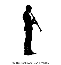 silhouette of man playing clarinet, clarinetist - vector illustration