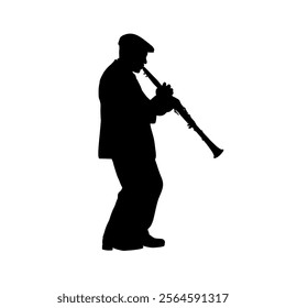 silhouette of man playing clarinet, clarinetist - vector illustration