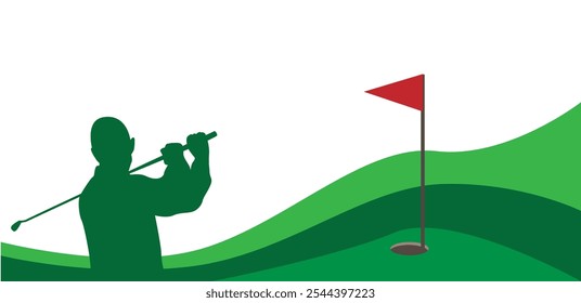 Silueta de un hombre jugando al golf en una Plantilla de diseño de campo. Arte vectorial de deportes y actividades al aire libre. Página web y Plantilla de la página de captura