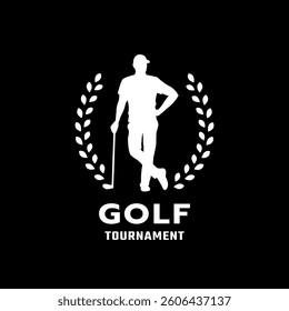 Silhouette of a man playing golf, logo, emblem on a dark background.