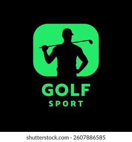 Silhouette of a man playing golf, logo, emblem on a dark background.