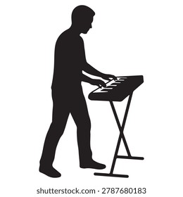 Silhouette of a man playing a keyboard on a stand against a white background male