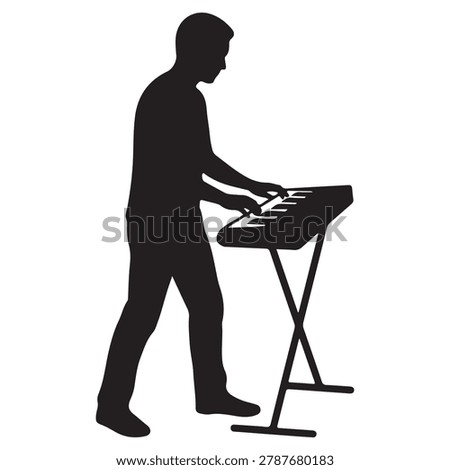 Silhouette of a man playing a keyboard on a stand against a white background male