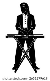 Silhouette of man playing music synthesizer. Vector clipart isolated on white.