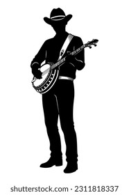 Silhouette of man playing on a banjo. Vector clipart isolated on white.