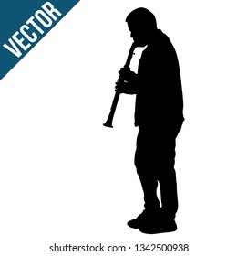 Silhouette of a man playing on clarinet over white background, vector illustration