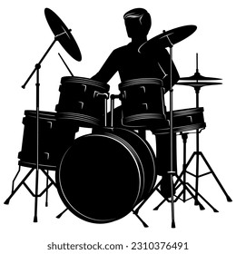 Silhouette of man playing on a drum set. Vector clipart isolated on white.