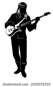 Silhouette of man playing on electric bass guitar. Vector clipart isolated on white.